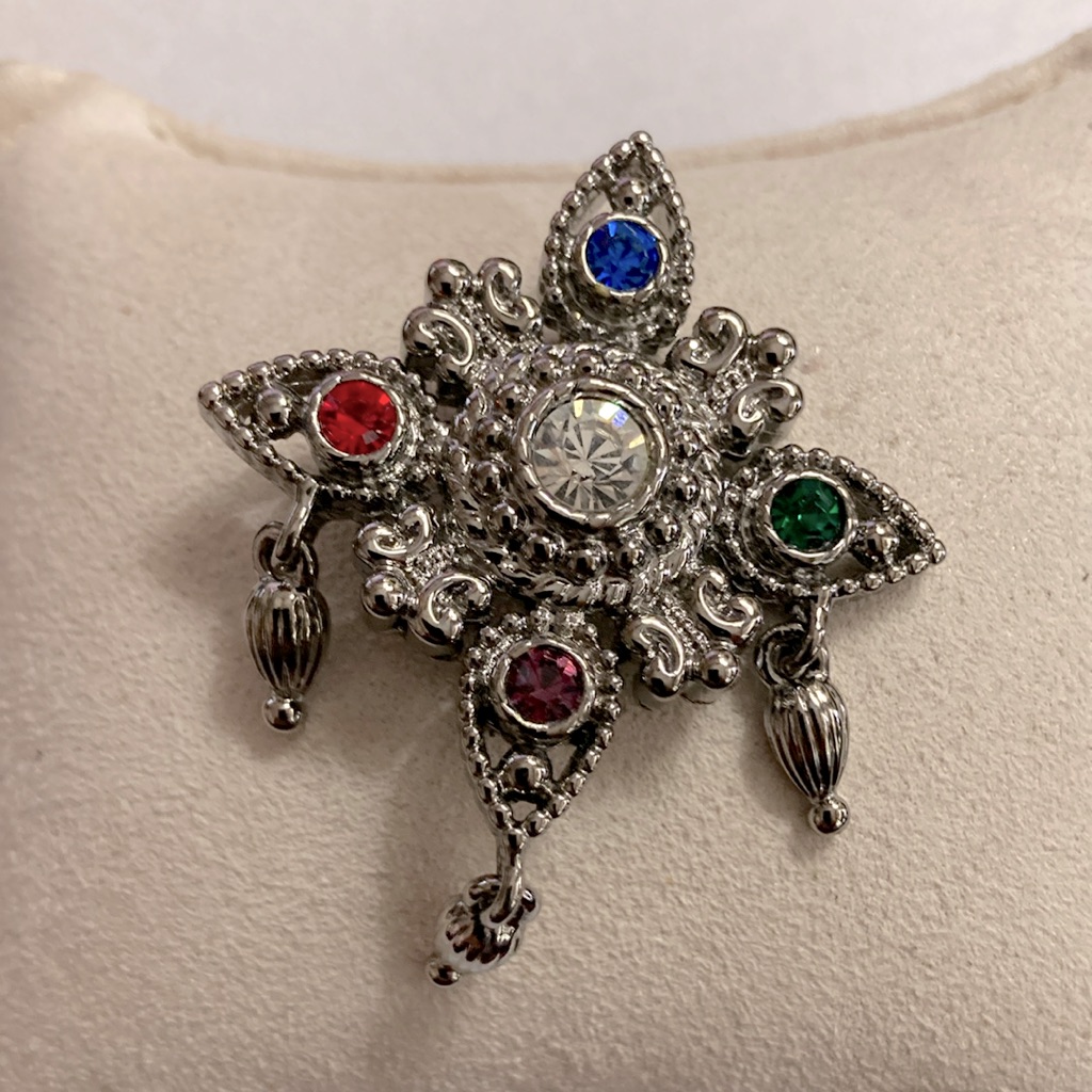 Bob Mackie Silvertone Brooch With Colored Rhinestones